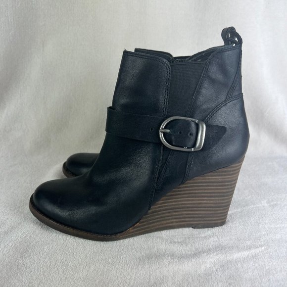 Lucky Brand Yishi Ankle Booties 8.5 Black Leather Stacked Wedge Zip Buck… - Picture 4 of 12